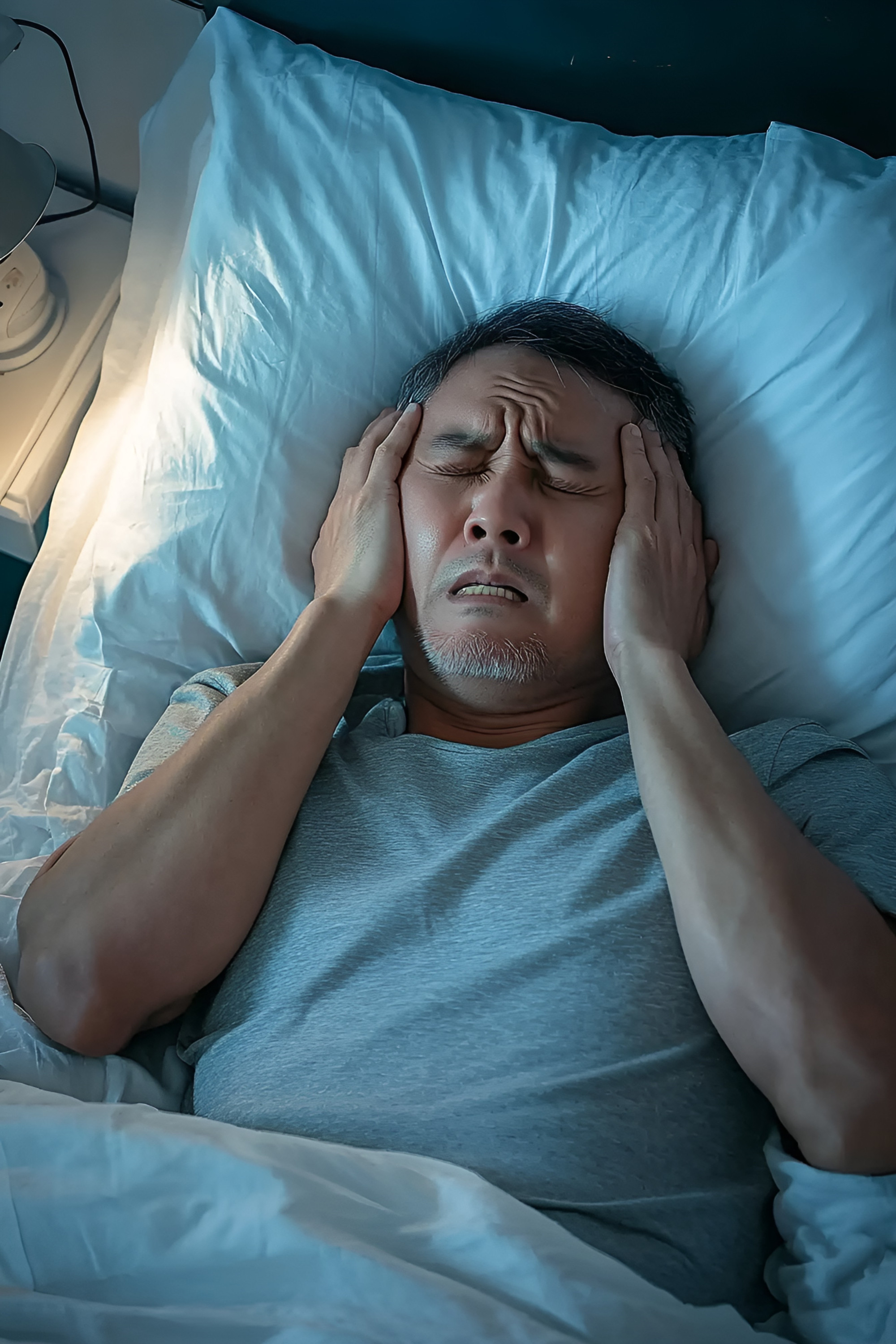 失眠中年男子躺在床上捂耳痛苦表情宁静场景商业照片（商业使用）.jpg