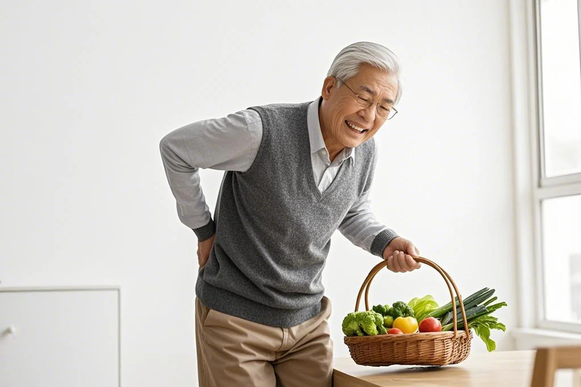 老年男提菜篮时手部和腰部疼痛关节疼痛症状医疗摄影图（商业使用）.jpg