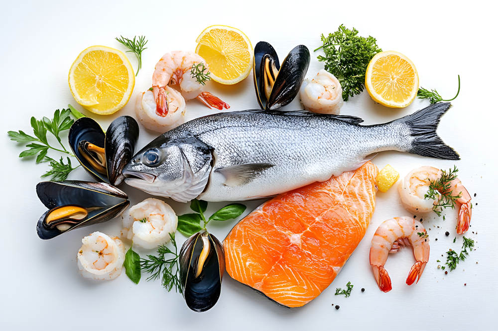 简约风格海鲜食材鱼虾贻贝柠檬香草摆盘商业照片（商业使用）.jpg