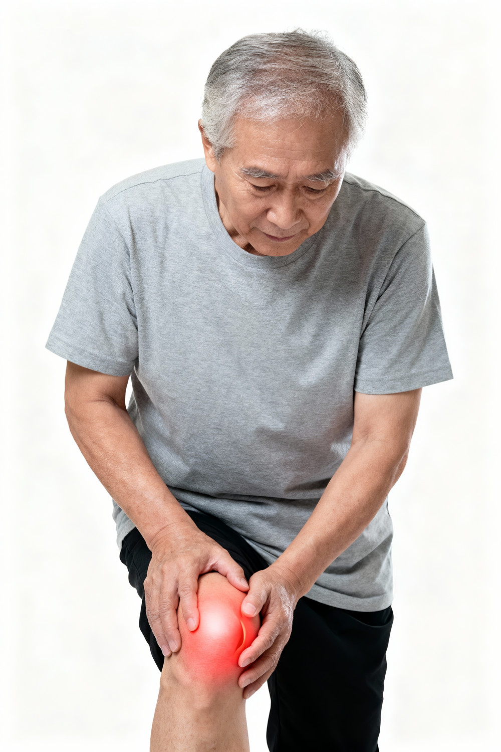 jimeng-2025-11-20-5777-平视图，写实医疗提示风格，竖向构图，老年男士手扶膝盖（膝盖部位红色高亮）呈现膝关....jpg