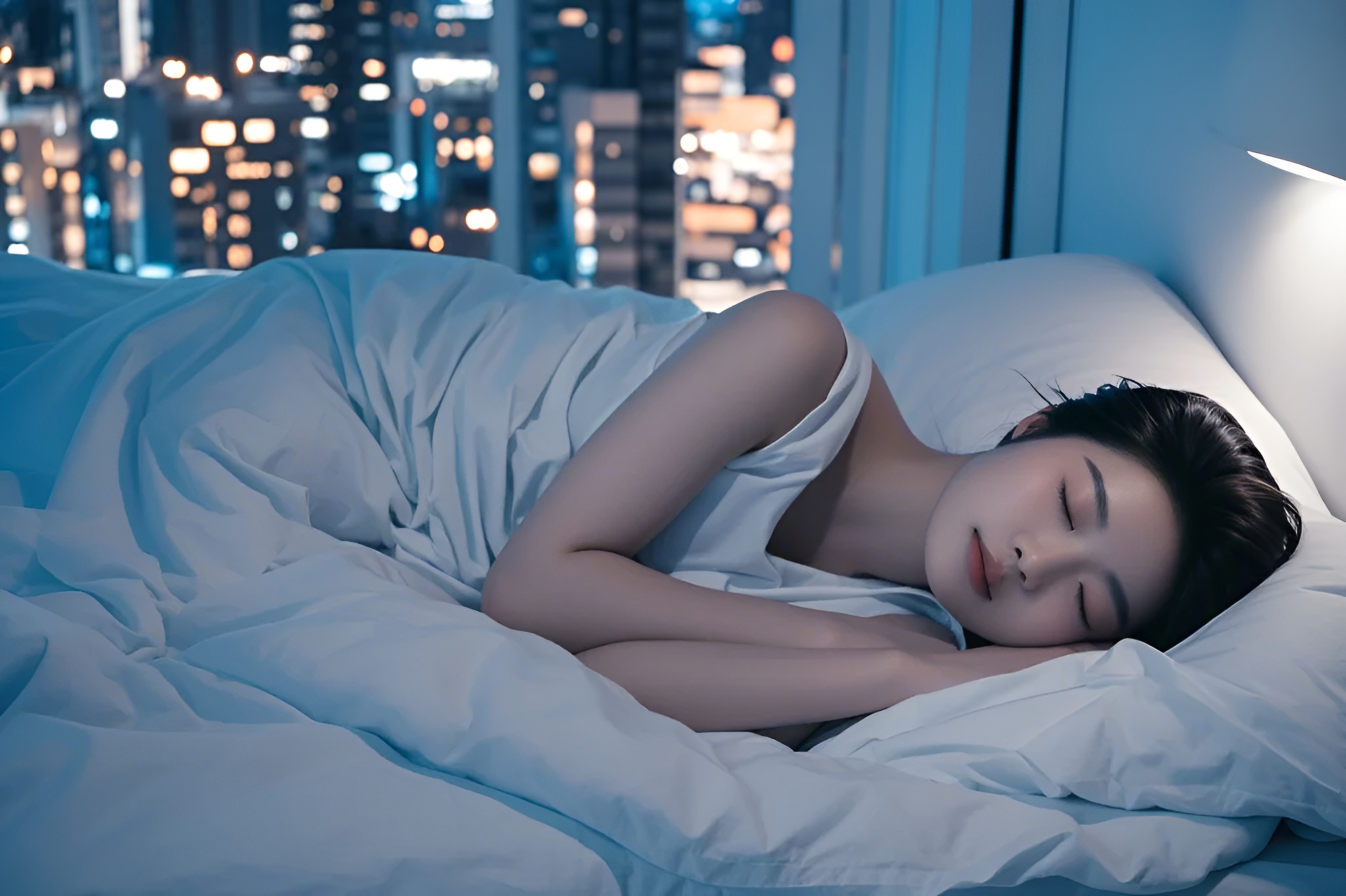 睡觉简约现代风成年女性侧卧闭眼白色睡衣浅蓝色床单白色床头人像照片（商业使用）.png