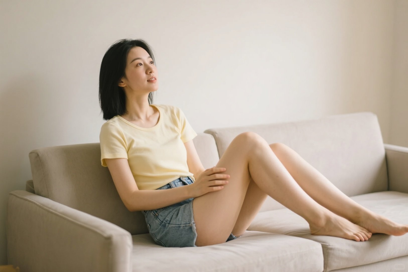 吹风扇人像简约风格成年女性微笑坐沙发浅黄T恤牛仔短裤人像照片（商业使用）.png