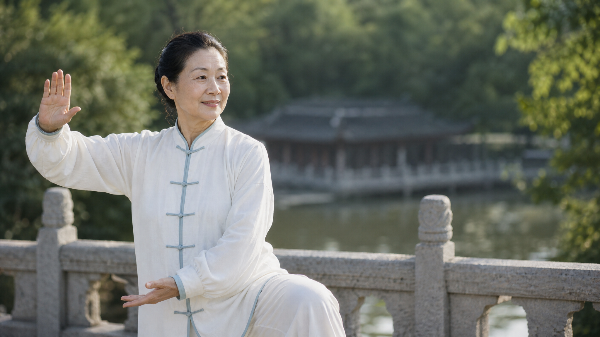 老人·晨练太极中老年女性退休老人园林晨练太极人像照片（商业使用）.png