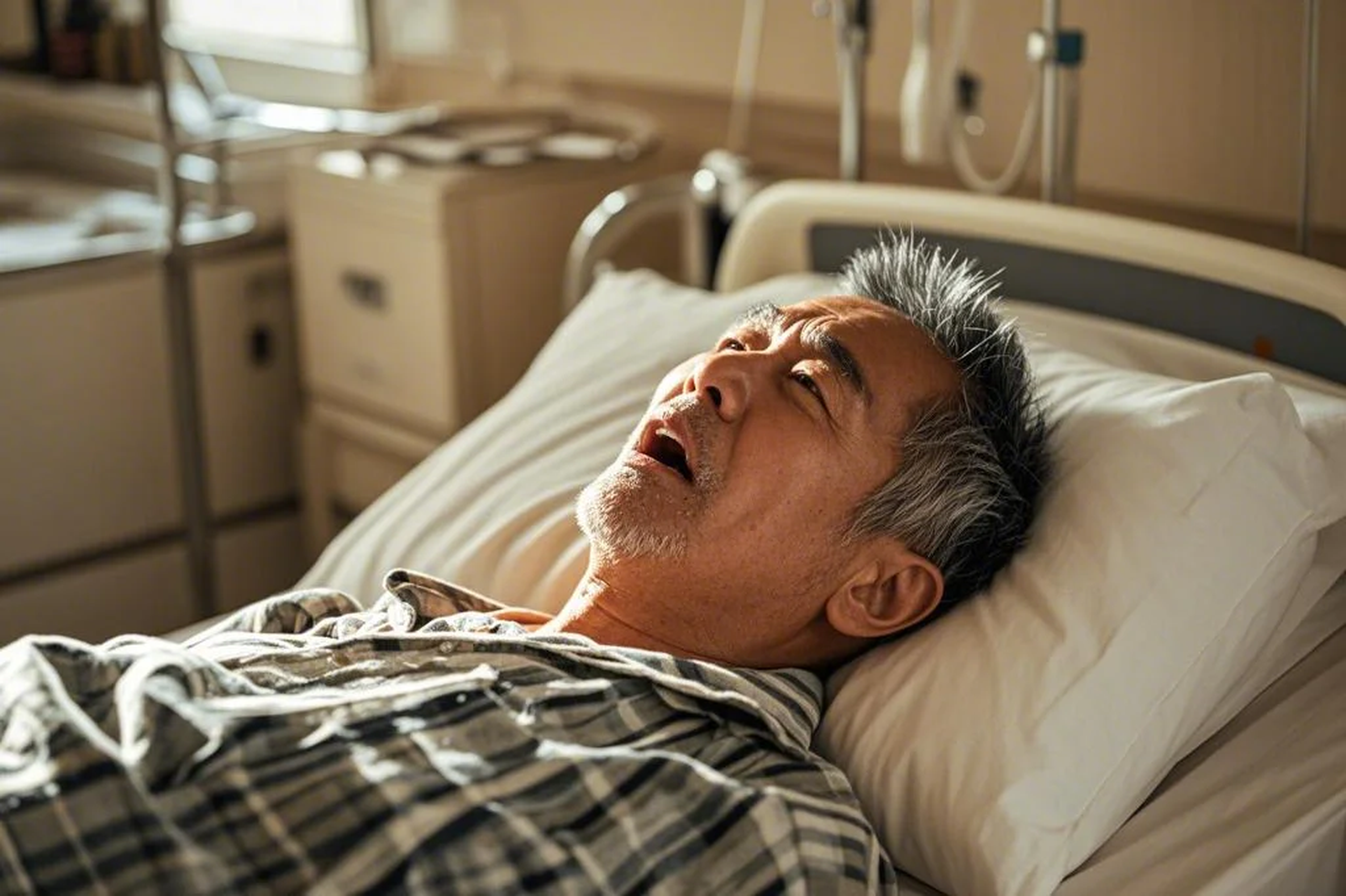 中年男患者在医院的病房里躺着呻吟，脱水虚脱肠胃疾病症状医疗人像摄影图（商业使用）.png