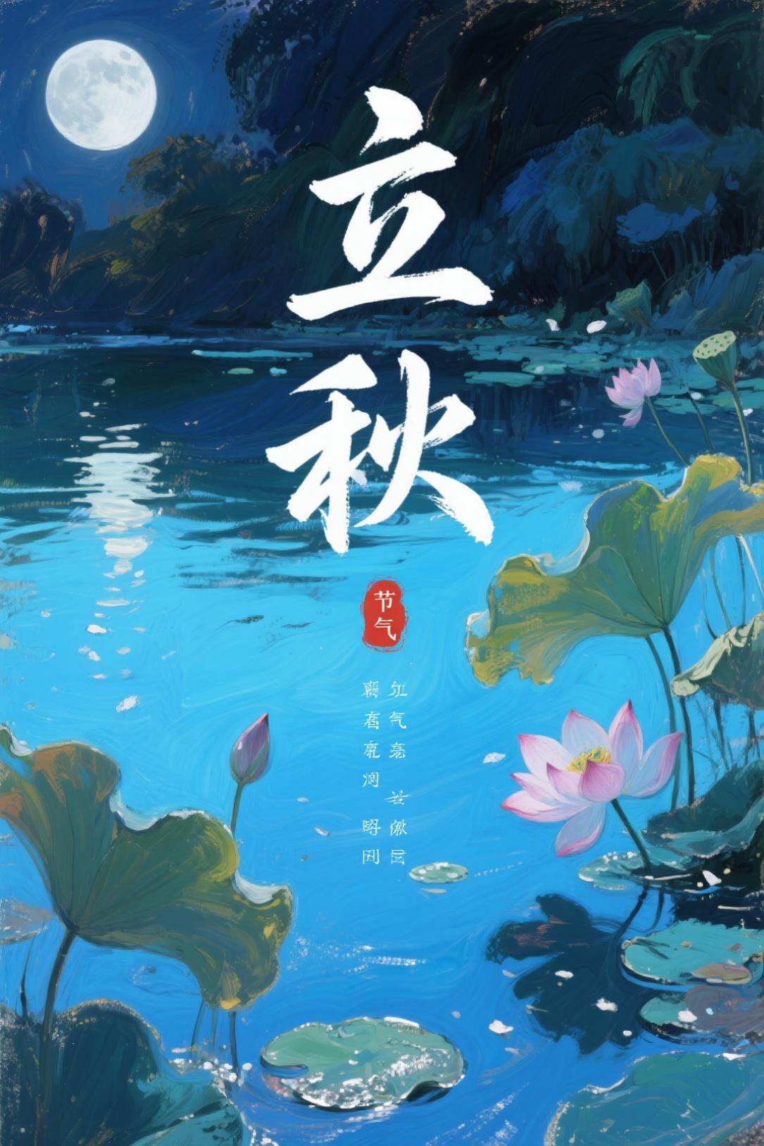 节气主题油画风格海报水彩风立秋节气荷塘月夜插画素材(商业使用).jpg